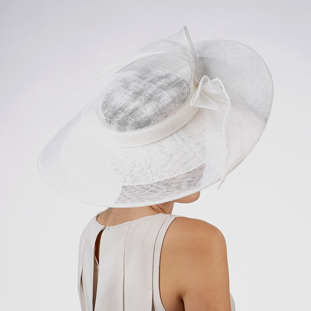 Beloved Millinery Classic White Sinamay Wide Brim Bow Hat Church Brunch Bridal - Picture 3 of 7